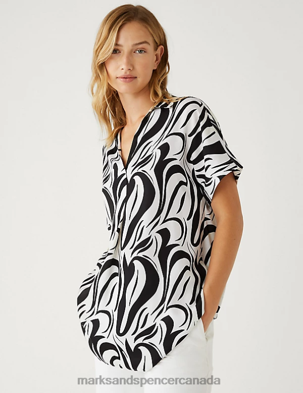 Marks and Spencer Canada - Women Black Mix Clothing Marks & Spencer Satin Printed Popover Blouse 20VTD3049