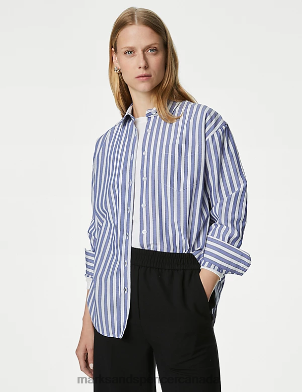 Marks and Spencer Canada - Women Blue Mix Clothing Marks & Spencer Cotton Blend Striped Collared Shirt 20VTD554