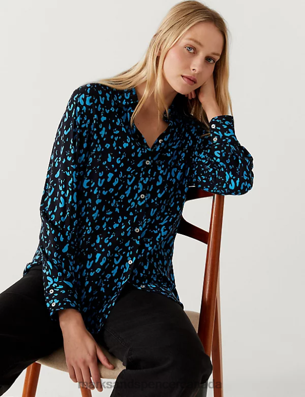 Marks and Spencer sale - Women Blue Mix Clothing Marks & Spencer Printed Collared Relaxed Shirt 20VTD2665