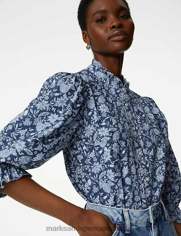 Women Blue Mix Clothing Marks & Spencer Pure Cotton Floral High Neck Blouse 20VTD74 - Marks and Spencer online