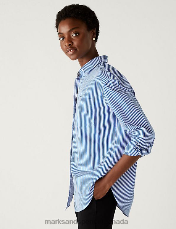 Marks and Spencer sale - Women Blue Mix Clothing Marks & Spencer Pure Cotton Striped Oversized Girlfriend Style Shirt 20VTD907