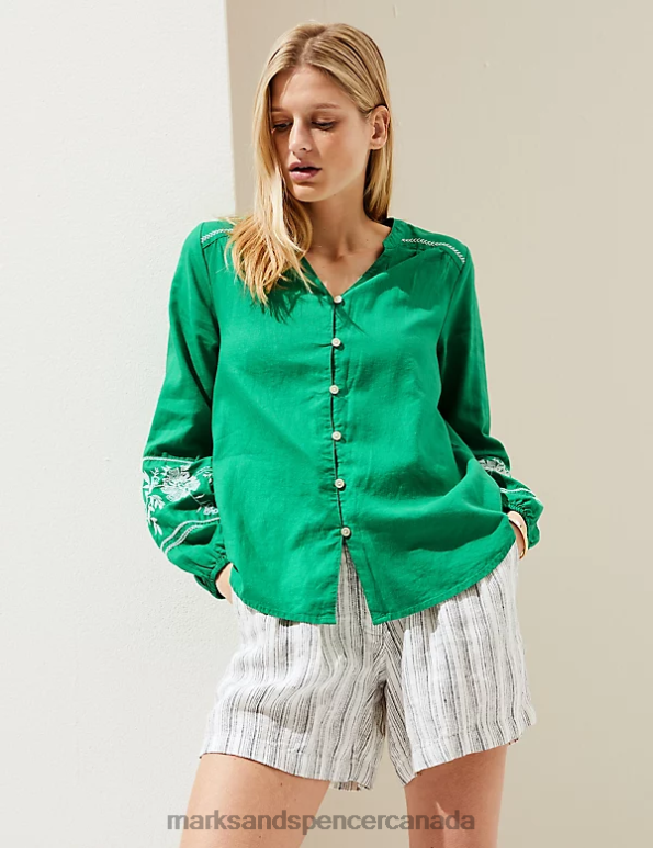 Marks and Spencer sale - Women Bright Green Clothing Marks & Spencer Linen Rich Embroidered V-Neck Blouse 20VTD1112