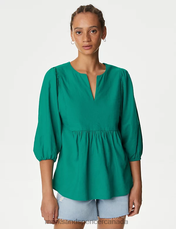 Marks and Spencer near me - Women Bright Green Clothing Marks & Spencer Linen Rich V-Neck Puff Sleeve Blouse 20VTD387