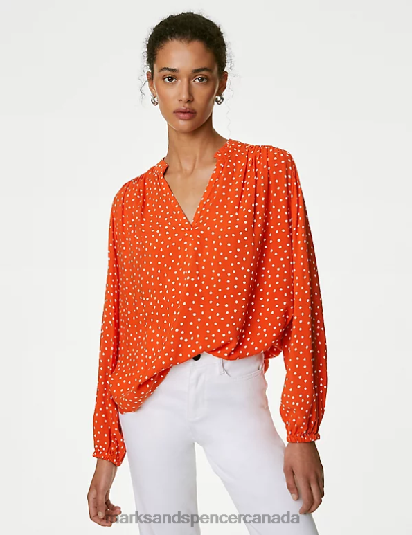 Marks and Spencer sale - Women Bright Orange Clothing Marks & Spencer Printed Regular Fit Long Sleeve Blouse 20VTD836