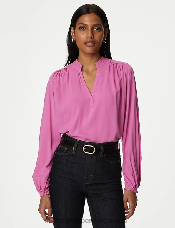 Women Bright Rose Clothing Marks & Spencer Collarless Regular Fit Long Sleeve Blouse 20VTD2597 - Marks and Spencer Canada locations