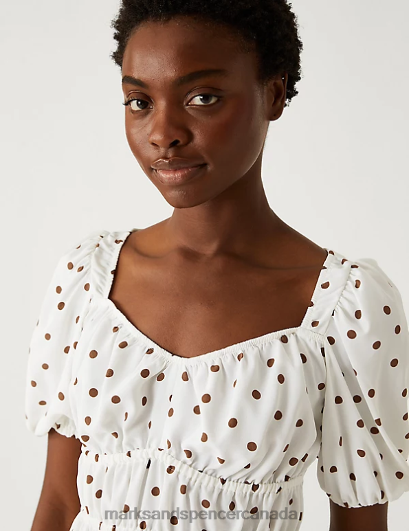 Women Brown Mix Clothing Marks & Spencer Polka Dot Waisted Blouse 20VTD1745 - Marks and Spencer outlet