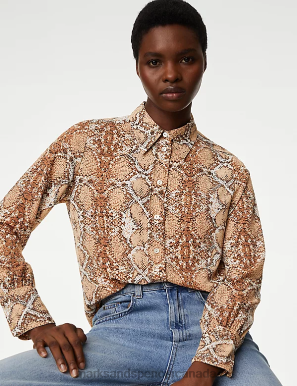 Marks and Spencer Canada - Women Brown Mix Clothing Marks & Spencer Printed Collared Shirt 20VTD488