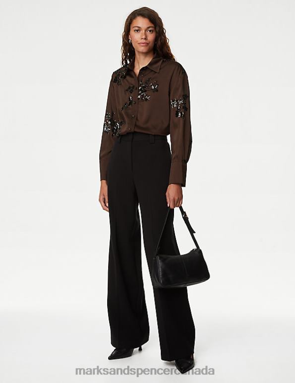 Women Brown Mix Clothing Marks & Spencer Satin Sequin Embellished Collared Shirt 20VTD34 - Marks and Spencer online