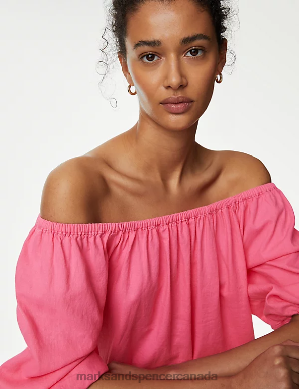 Marks and Spencer Canada - Women Bubblegum Pink Clothing Marks & Spencer Linen Rich Bardot Puff Sleeve Blouse 20VTD2767