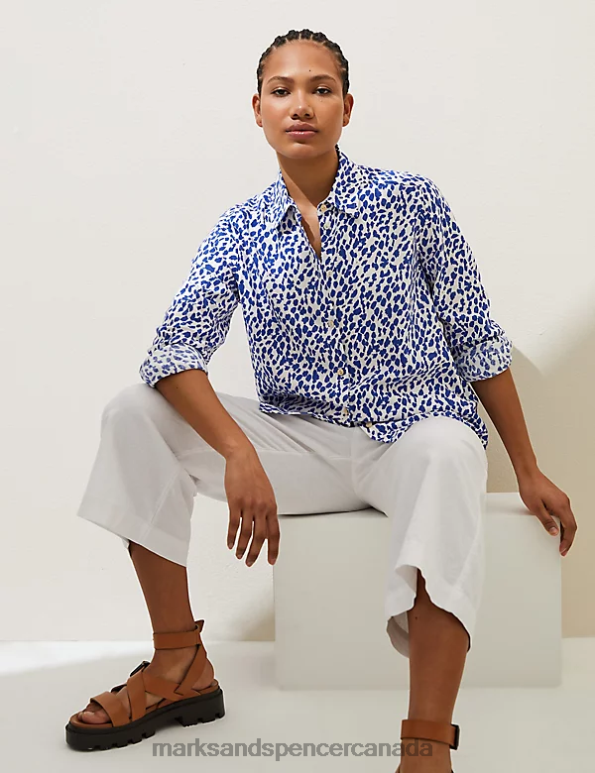 Women Dark Blue Mix Clothing Marks & Spencer Linen Rich Printed Collared Shirt 20VTD1436 - Marks and Spencer Canada locations