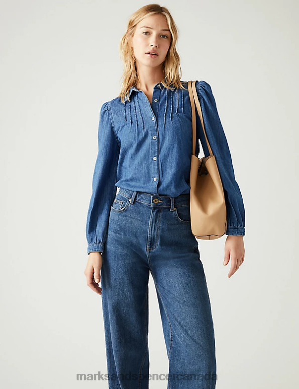 Marks and Spencer Canada - Women Denim Clothing Marks & Spencer Collared Pintuck Shirt 20VTD2851