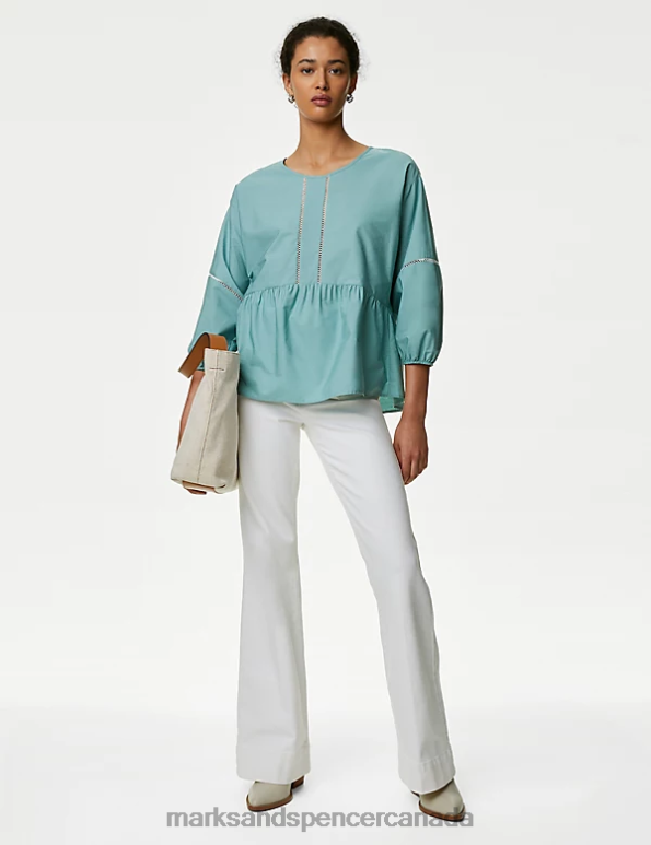 Women Dusted Aqua Clothing Marks & Spencer Pure Cotton Embroidered Puff Sleeve Blouse 20VTD3581 - Marks and Spencer Canada locations