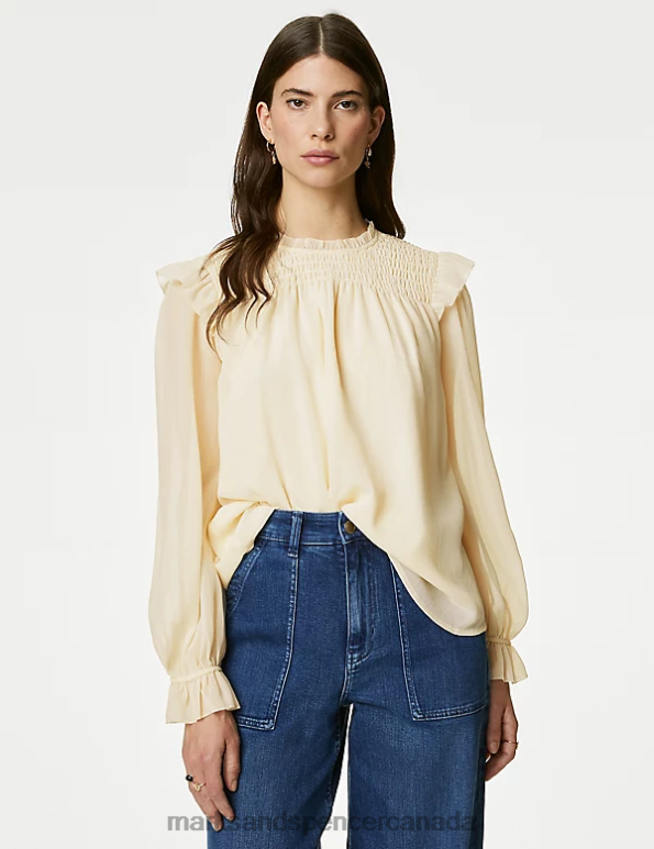 Marks and Spencer near me - Women Ecru Clothing Marks & Spencer Shirred High Neck Frill Detail Blouse 20VTD744