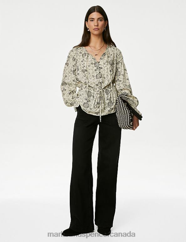 Marks and Spencer Canada - Women Ecru Mix Clothing Marks & Spencer Printed Shirred Tie Neck Blouse 20VTD609