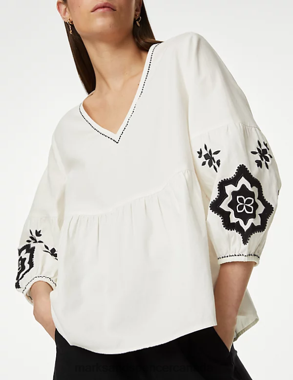 Marks and Spencer near me - Women Ecru Mix Clothing Marks & Spencer Pure Cotton Embroidered V-Neck Blouse 20VTD118