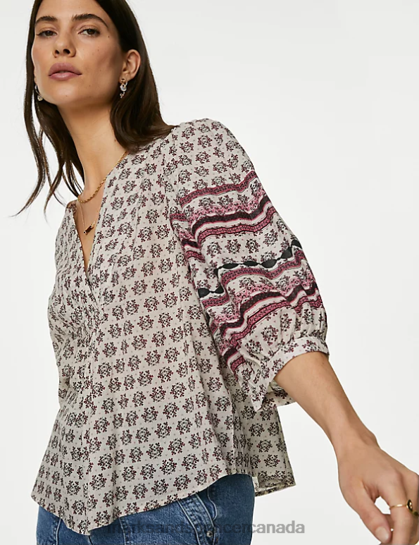 Marks and Spencer Canada - Women Ecru Mix Clothing Marks & Spencer Pure Cotton Printed Notch Neck Blouse 20VTD382