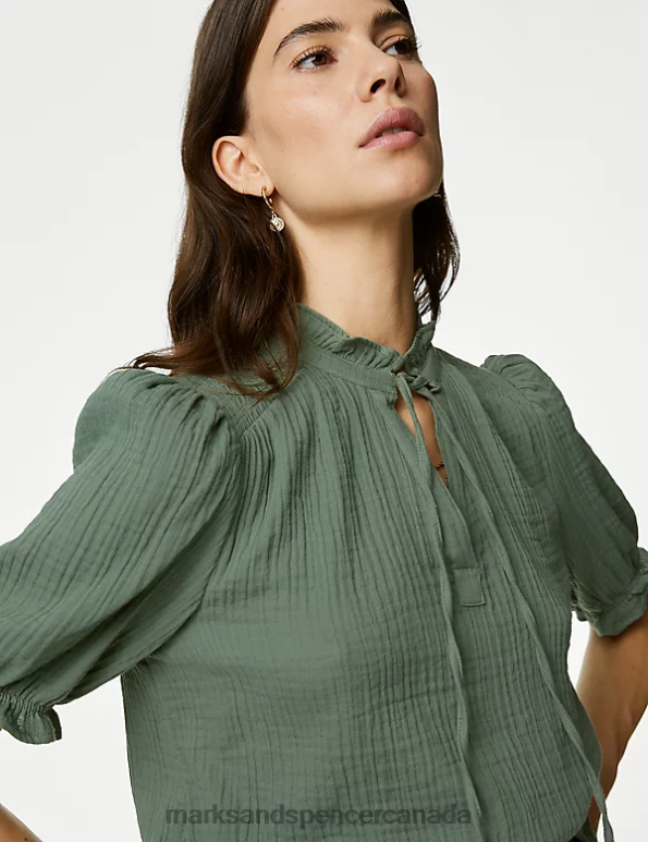 Marks and Spencer near me - Women Faded Khaki Clothing Marks & Spencer Pure Cotton Textured Notch Neck Blouse 20VTD2132