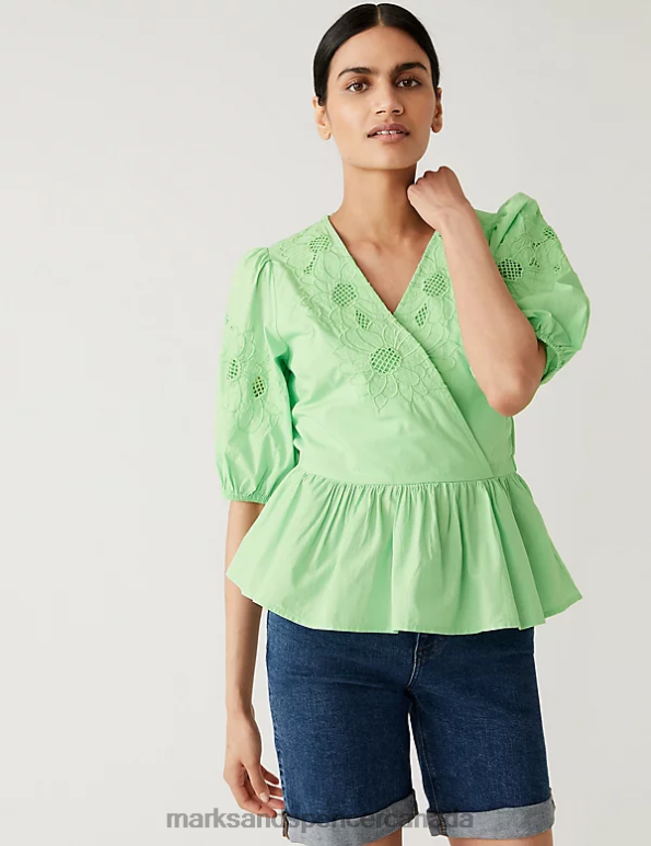 Marks and Spencer sale - Women Fresh Mint Clothing Marks & Spencer Pure Cotton Embroidered Puff Sleeve Blouse 20VTD2595