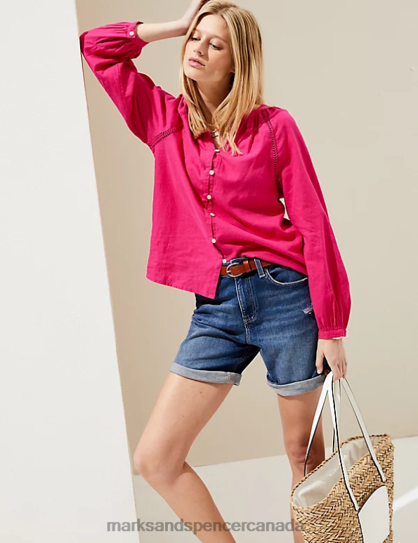 Marks and Spencer near me - Women Fuchsia Clothing Marks & Spencer Linen Rich Collarless Blouse 20VTD2368