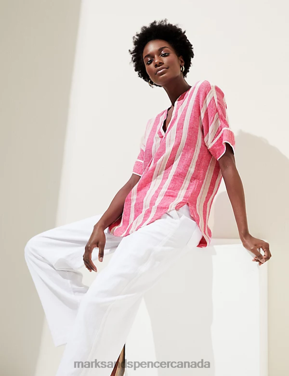 Marks and Spencer Canada - Women Fuchsia Mix Clothing Marks & Spencer Pure Linen Striped V-Neck Popover Blouse 20VTD2347