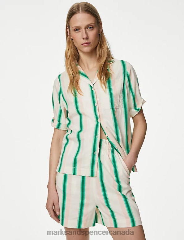 Marks and Spencer near me - Women Green Mix Clothing Marks & Spencer Cotton Rich Striped Collared V-Neck Shirt 20VTD2618