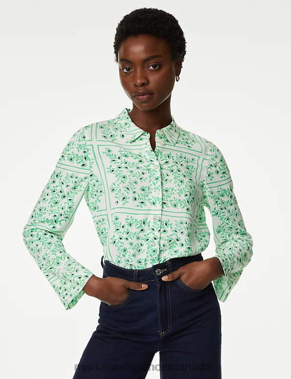 Marks and Spencer sale - Women Green Mix Clothing Marks & Spencer Floral Collared Blouse 20VTD1358