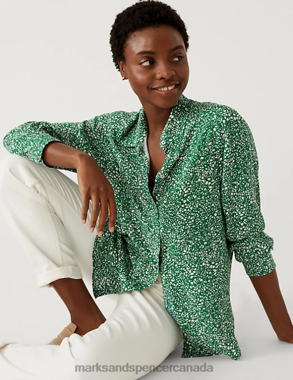 Marks and Spencer near me - Women Green Mix Clothing Marks & Spencer Printed Collared Relaxed Shirt 20VTD2664