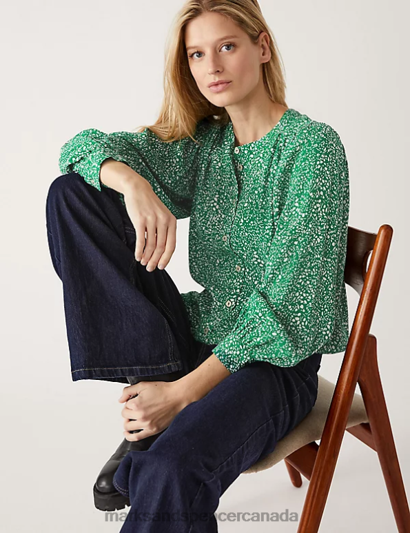 Women Green Mix Clothing Marks & Spencer Printed Crew Neck Blouse 20VTD509 - Marks and Spencer online