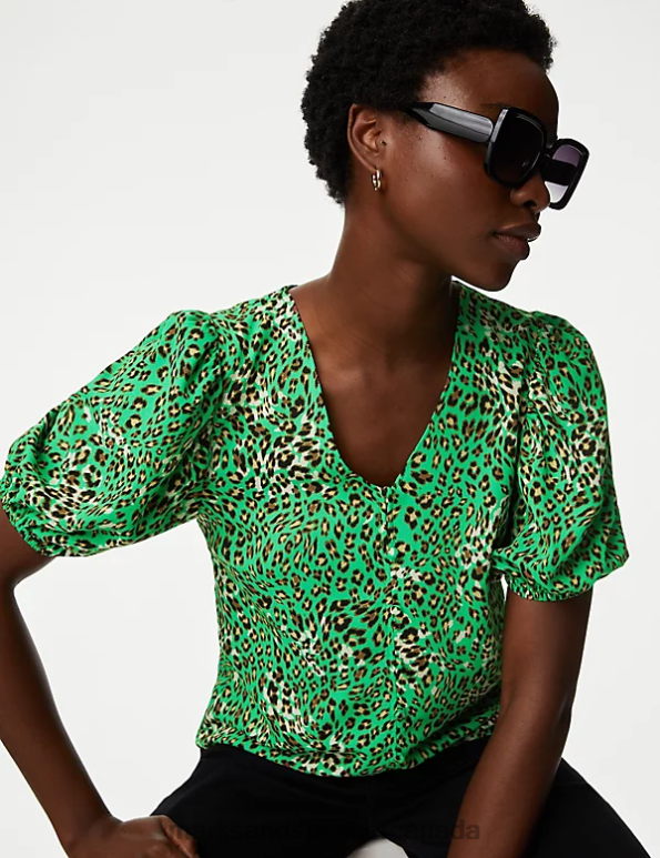 Women Green Mix Clothing Marks & Spencer Printed V-Neck Puff Sleeve Blouse 20VTD910 - Marks and Spencer outlet