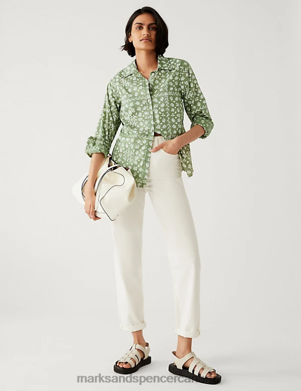 Women Green Mix Clothing Marks & Spencer Pure Cotton Printed Collared Shirt 20VTD1486 - Marks and Spencer online