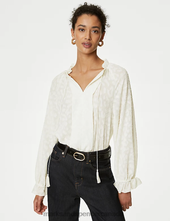 Women Ivory Clothing Marks & Spencer Jacquard Tie Neck Ruffle Popover Blouse 20VTD354 - Marks and Spencer Canada locations