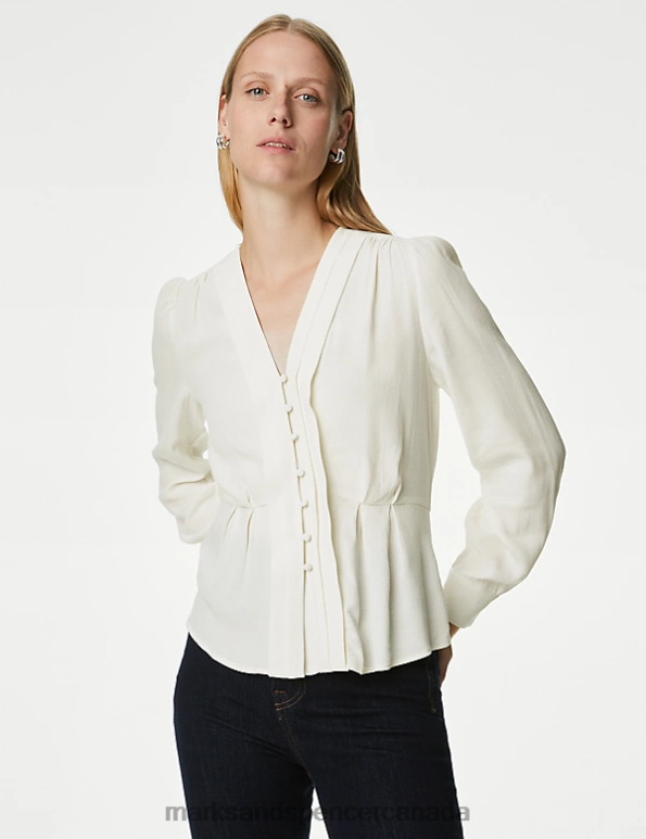 Marks and Spencer Canada - Women Ivory Clothing Marks & Spencer Pleated V-Neck Blouse 20VTD82