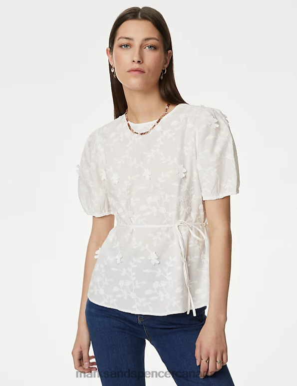 Women Ivory Clothing Marks & Spencer Pure Cotton Floral Textured Blouse 20VTD463 - Marks and Spencer outlet