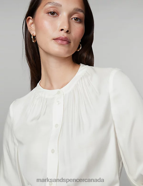 Women Ivory Clothing Marks & Spencer Silk Blend Collarless Blouson Sleeve Blouse 20VTD285 - Marks and Spencer outlet