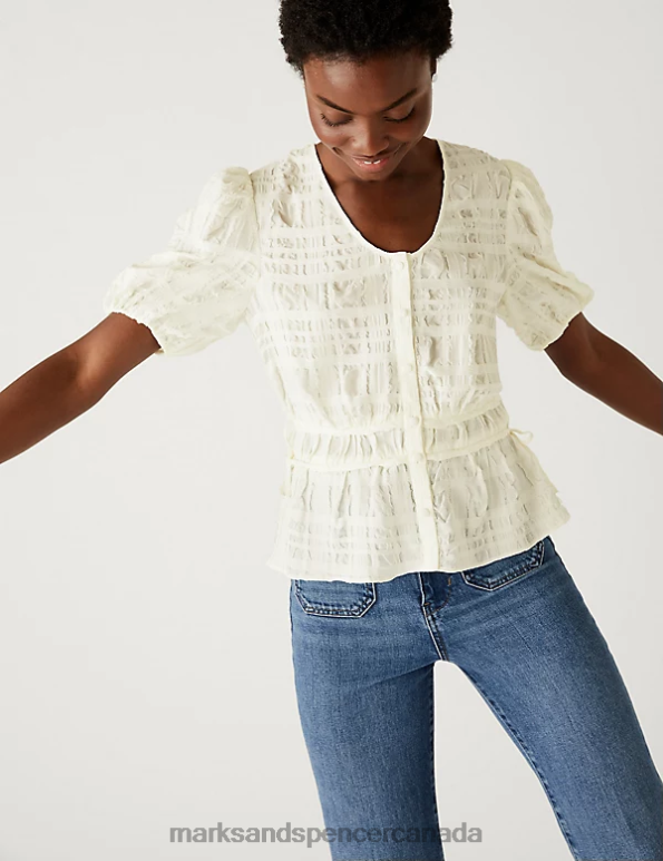 Marks and Spencer Canada - Women Ivory Clothing Marks & Spencer Textured V-Neck Button Through Blouse 20VTD1455