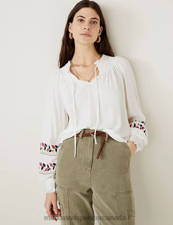 Marks and Spencer Canada - Women Ivory Mix Clothing Marks & Spencer Embroidered Tie Neck Blouse 20VTD1224