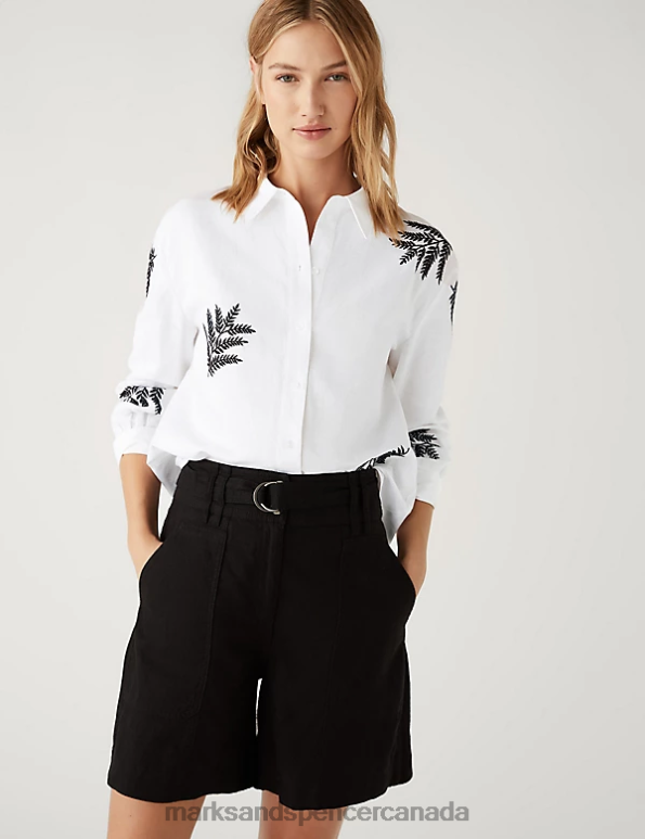 Women Ivory Mix Clothing Marks & Spencer Linen Rich Embroidered Collared Shirt 20VTD401 - Marks and Spencer outlet