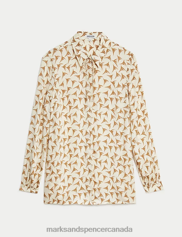 Women Ivory Mix Clothing Marks & Spencer Printed Collared Blouson Sleeve Shirt 20VTD1077 - Marks and Spencer outlet