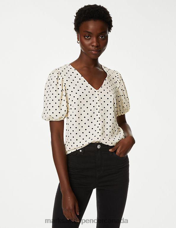 Women Ivory Mix Clothing Marks & Spencer Printed V-Neck Puff Sleeve Blouse 20VTD528 - Marks and Spencer Canada locations