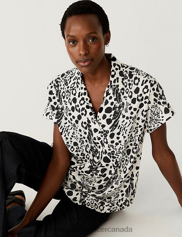 Women Ivory Mix Clothing Marks & Spencer Satin Printed Popover Blouse 20VTD2703 - Marks and Spencer Canada locations