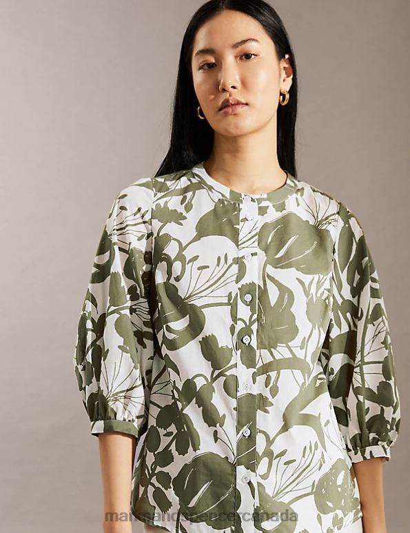 Marks and Spencer Canada - Women Khaki Clothing Marks & Spencer Pure Cotton Floral Crew Neck Shirt 20VTD1411