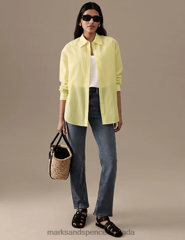 Marks and Spencer Canada - Women Light Citrus Clothing Marks & Spencer Silk Blend Collared Long Sleeve Shirt 20VTD3177