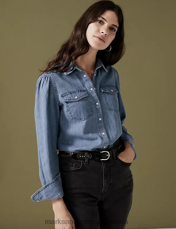 Women Light Indigo Clothing Marks & Spencer Denim Collared Shirt 20VTD1260 - Marks and Spencer Canada locations