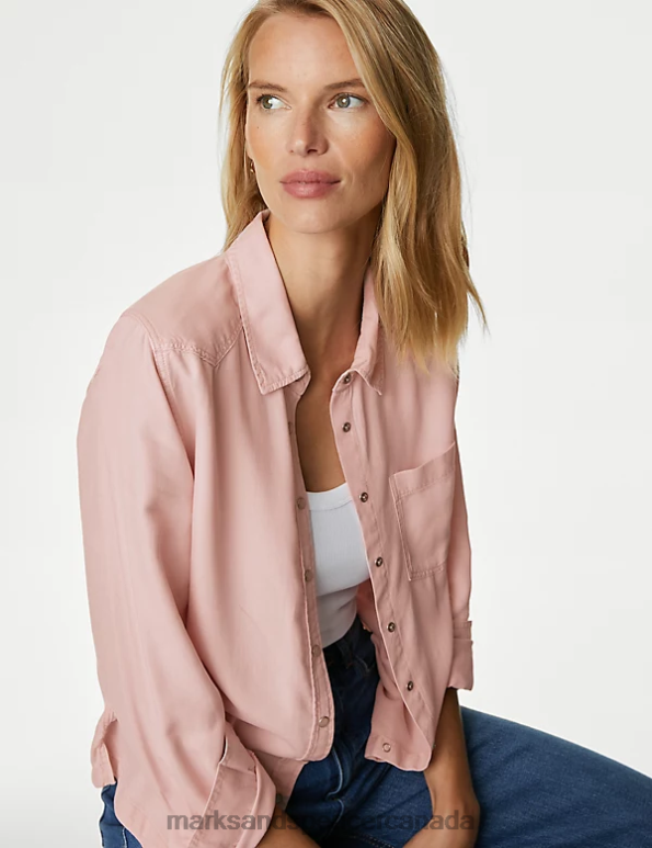 Women Light Pink Clothing Marks & Spencer Lyocell Tea Dyed Collared Shirt 20VTD153 - Marks and Spencer online