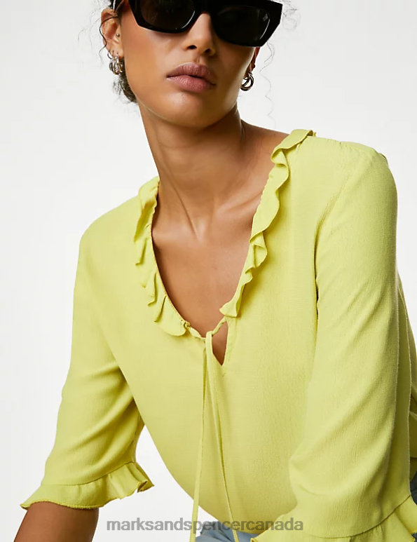 Women Lime Clothing Marks & Spencer V-Neck Frill Detail Popover Blouse 20VTD546 - Marks and Spencer online