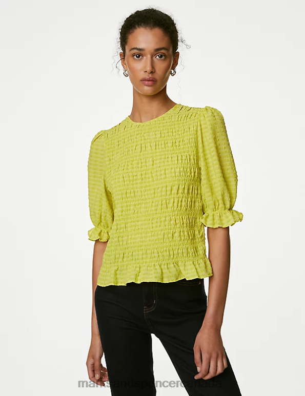 Marks and Spencer Canada - Women Limeade Clothing Marks & Spencer Textured Round Neck Shirred Waisted Blouse 20VTD113