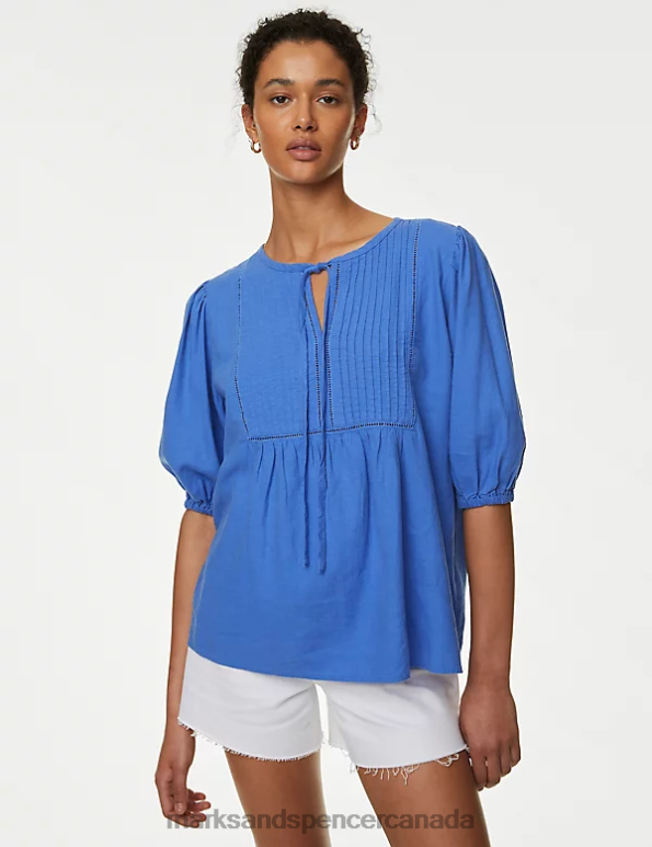 Marks and Spencer sale - Women Lupin Clothing Marks & Spencer Linen Rich Tie Neck Puff Sleeve Blouse 20VTD2246