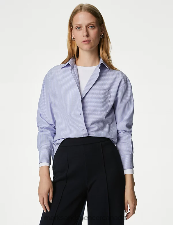 Women Medium Blue Mix Clothing Marks & Spencer Cotton Blend Striped Collared Shirt 20VTD242 - Marks and Spencer outlet