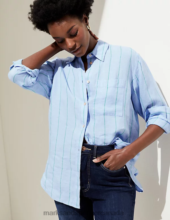 Marks and Spencer Canada - Women Medium Blue Mix Clothing Marks & Spencer Pure Linen Oversized Shirt 20VTD1088