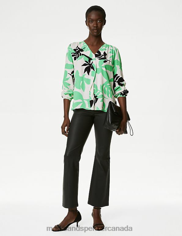 Women Multi Clothing Marks & Spencer Leaf Print Draped V-Neck Blouse 20VTD895 - Marks and Spencer Canada locations